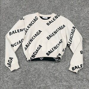 Balenciaga Beige Logo cropped Crew Neck Sweater